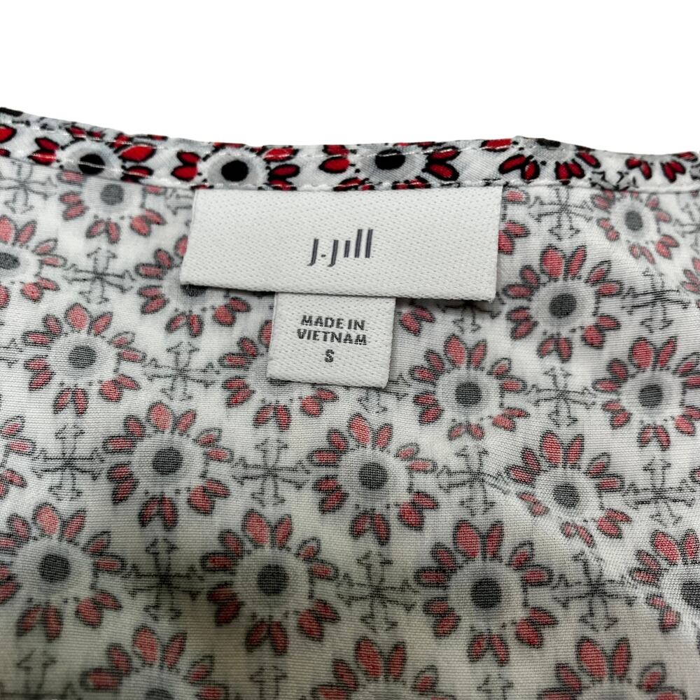 J Jill Blouse Womens SZ S Red White Black Ditsy Floral Print V Neck Cuff Sleeve
